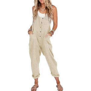 Womens Cotton Linen Overall Adjustable Straps Button Harem Long Pant Jumpsuit